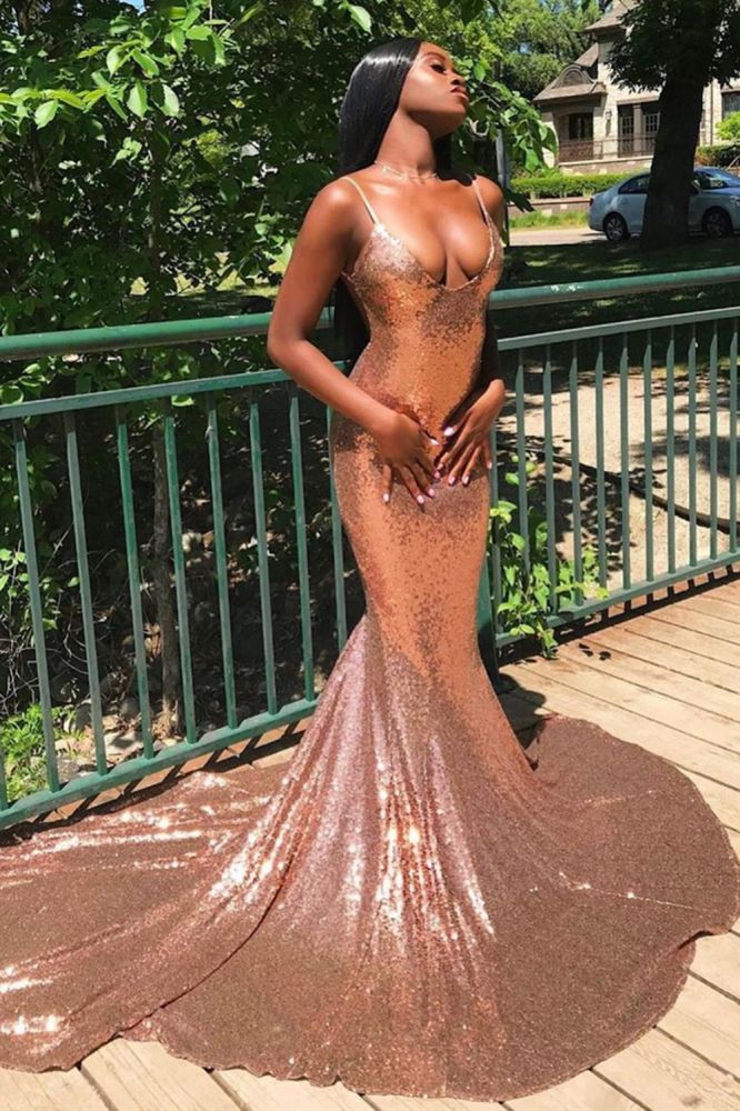 Sexy Spaghetti Sequins Mermaid Prom Dress Sparkly V-Neck evening Wear