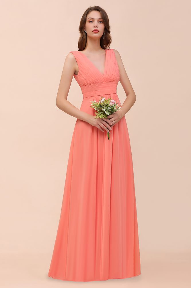 Coral V-Neck Aline Bridesmaid Dress Sleeveless Wedding Guest Dress