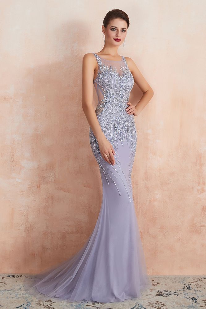 Chipo | Luxury Illusion neck Lavender White Beads Prom Dress Online, Expensive Low back Column Evening Gowns-Babyonlinewholesale