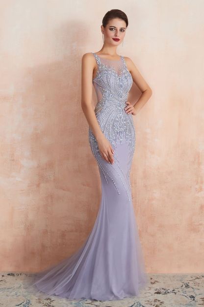 Chipo | Luxury Illusion neck Lavender White Beads Prom Dress Online, Expensive Low back Column Evening Gowns-Babyonlinewholesale