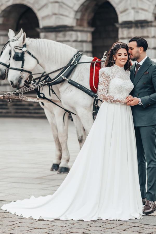 Long Lace Sleeves High neck White Princess Wedding Dresses