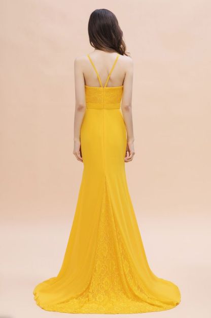 Bright Yellow Jewel Neck Mermaid Bridesmaid Dress Sleeveless Long Wedding Guest Dress
