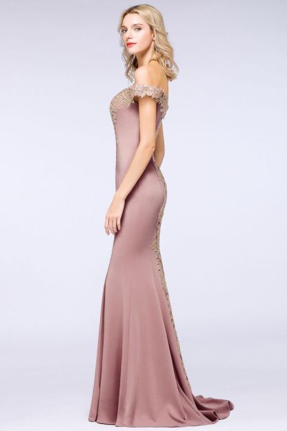 Simple Off-the-shoulder Burgundy Formal Dress with Lace Appliques