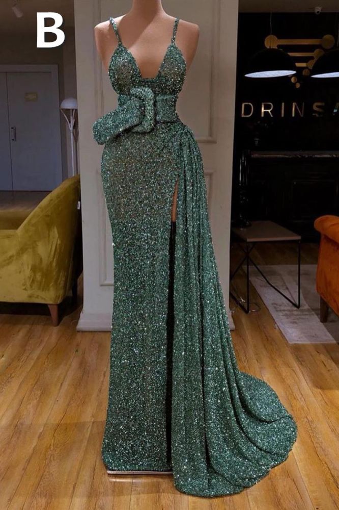 Sparkle dark green high split straps sequin sleeveless long prom dress