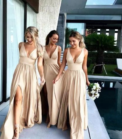 V-Neck Bridesmaid Dress with Front Slit Sleeveless Aline Wedding Guest Dress