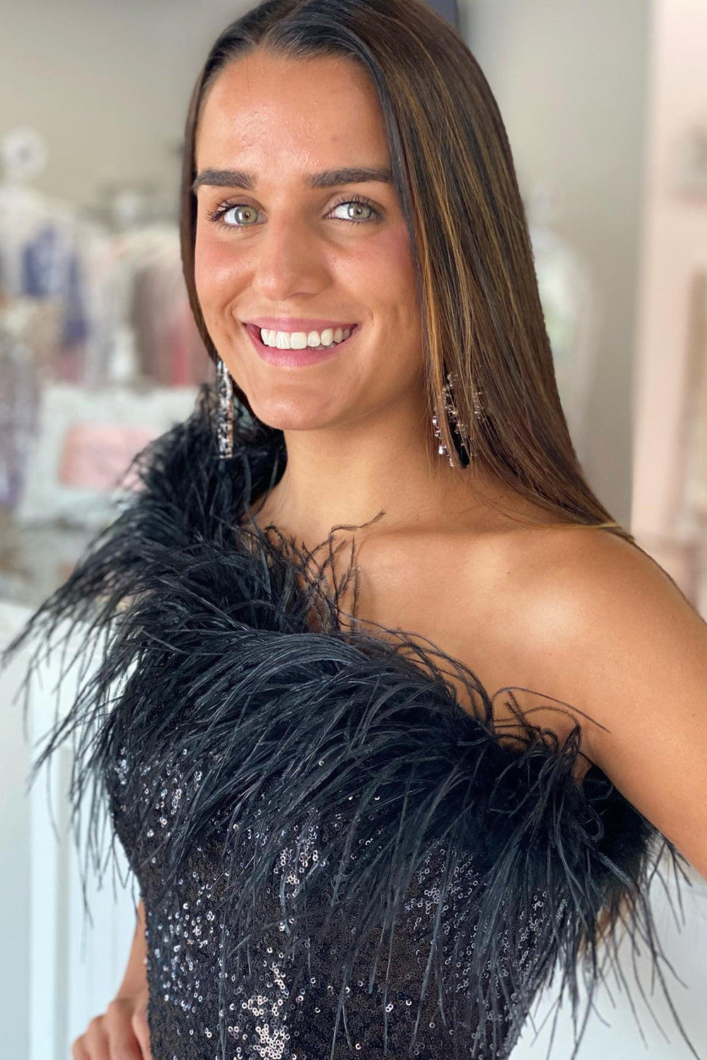 Blue Tight Sequins Homecoming Dress with Feathers