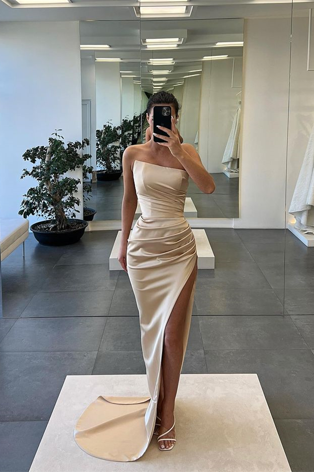 Unique Strapless Mermaid High Split Long Prom Dresses