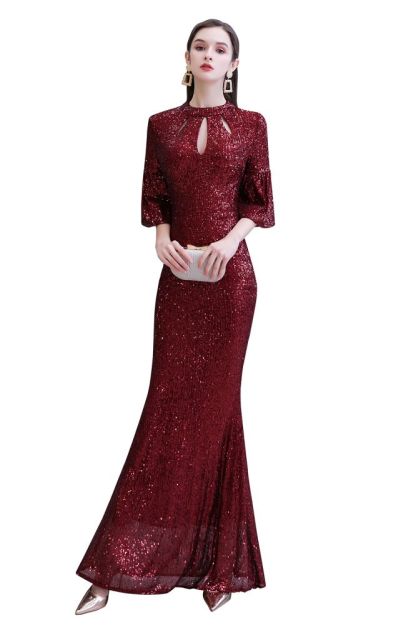 Glittering Half Sleeves Keyhole Mermaid Long Burgundy Prom Dress