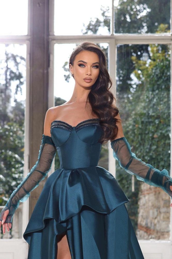 Ink Green A-line Satin High Split Floor length Prom Dresses
