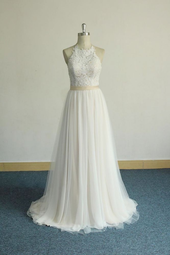 Ivory V-neck A-line Simple Boho Beach Wedding Dresses