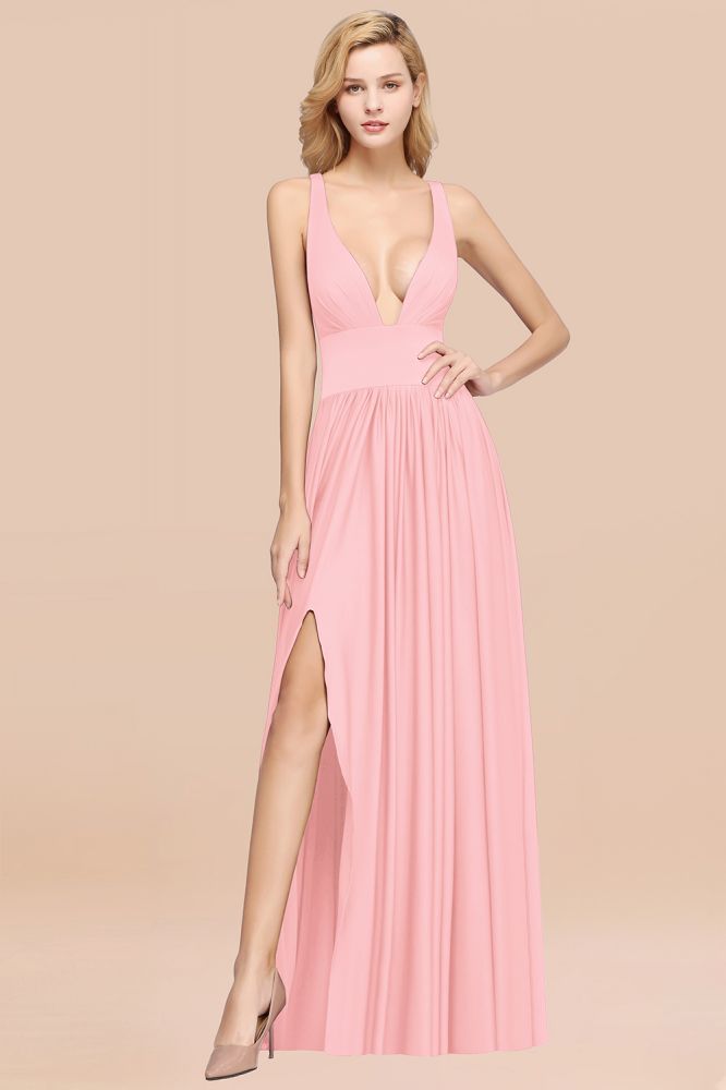 A-Line Jersey V-Neck Sleeveless Long Bridesmaid with Ruffles