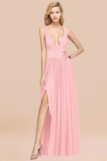 A-Line Jersey V-Neck Sleeveless Long Bridesmaid with Ruffles