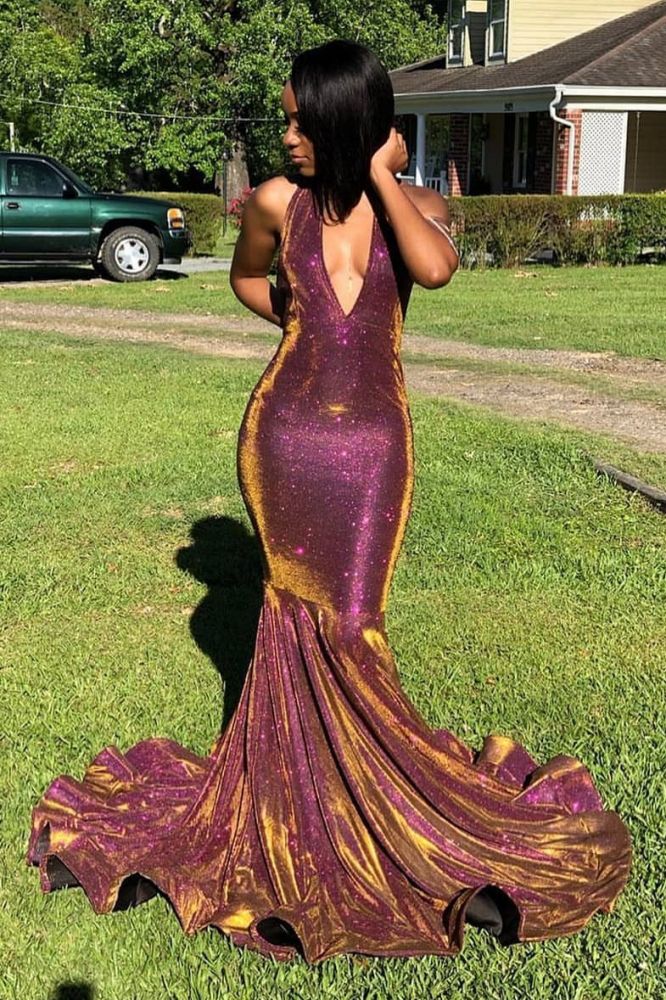 Halter Sexy V-neck Sparkle Prom Dresses | Fit and Flare Sleeveless Elegant Evening Gowns