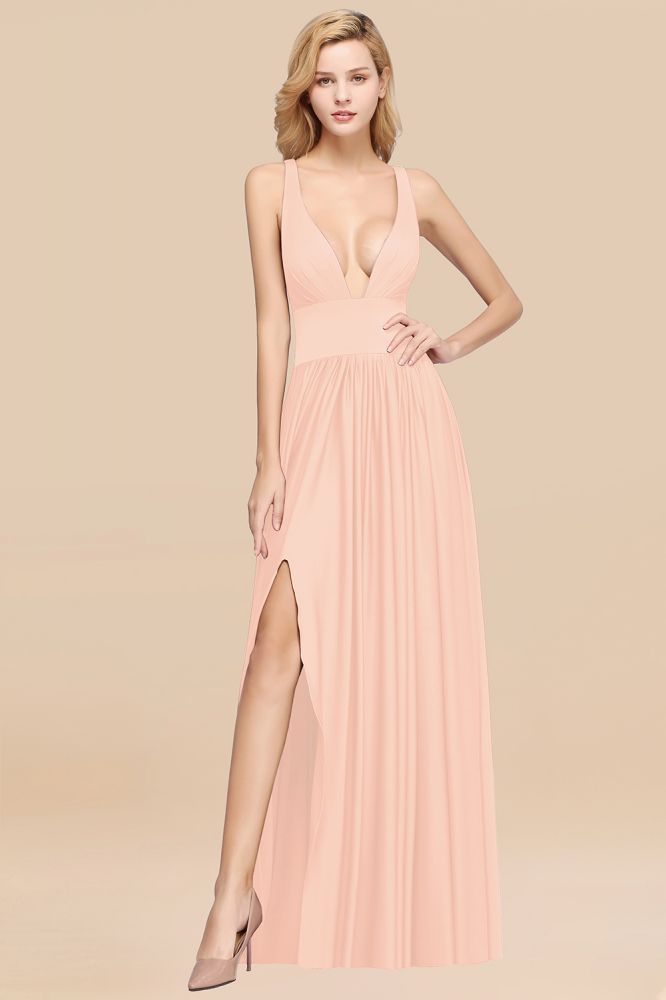 A-Line Jersey V-Neck Sleeveless Long Bridesmaid with Ruffles