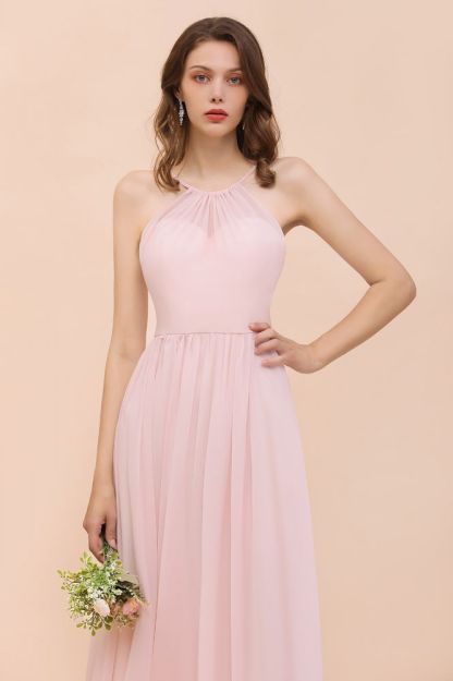 Dreamful Pink Halter Chiffon Evening MAxi Dress Sleeveless Bridesmaid Dress