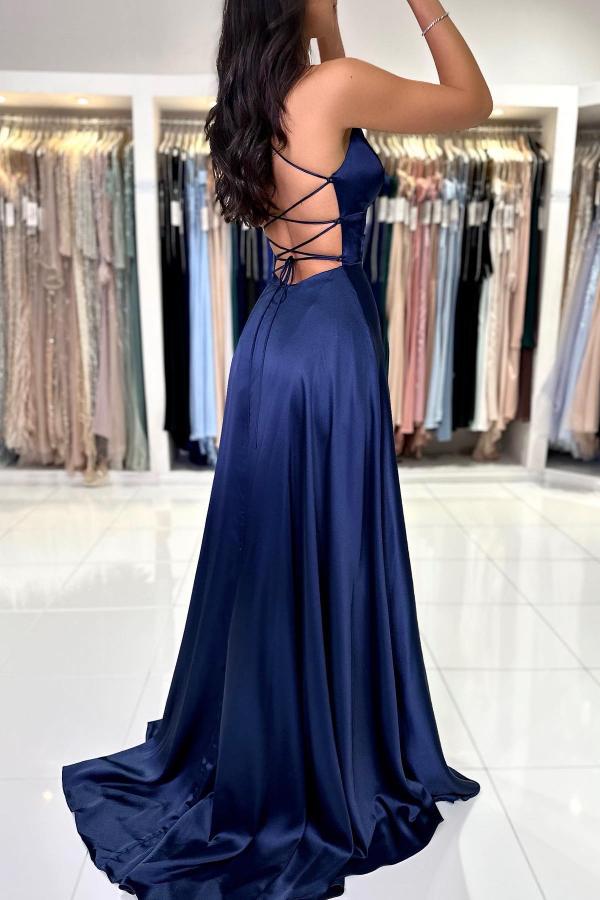 Simple Navy Blue High Split A-line Princess Evening Dresses