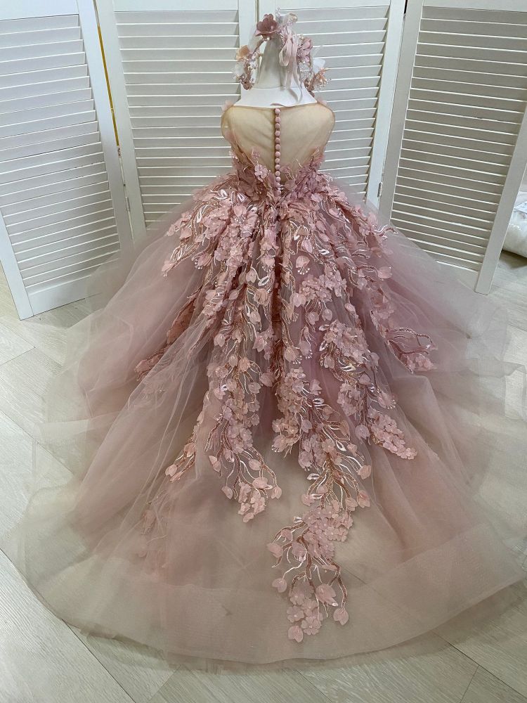 Cute Birthday Party Dress Sleeveless Tulle Floral First Communion Dress for Girl with Train