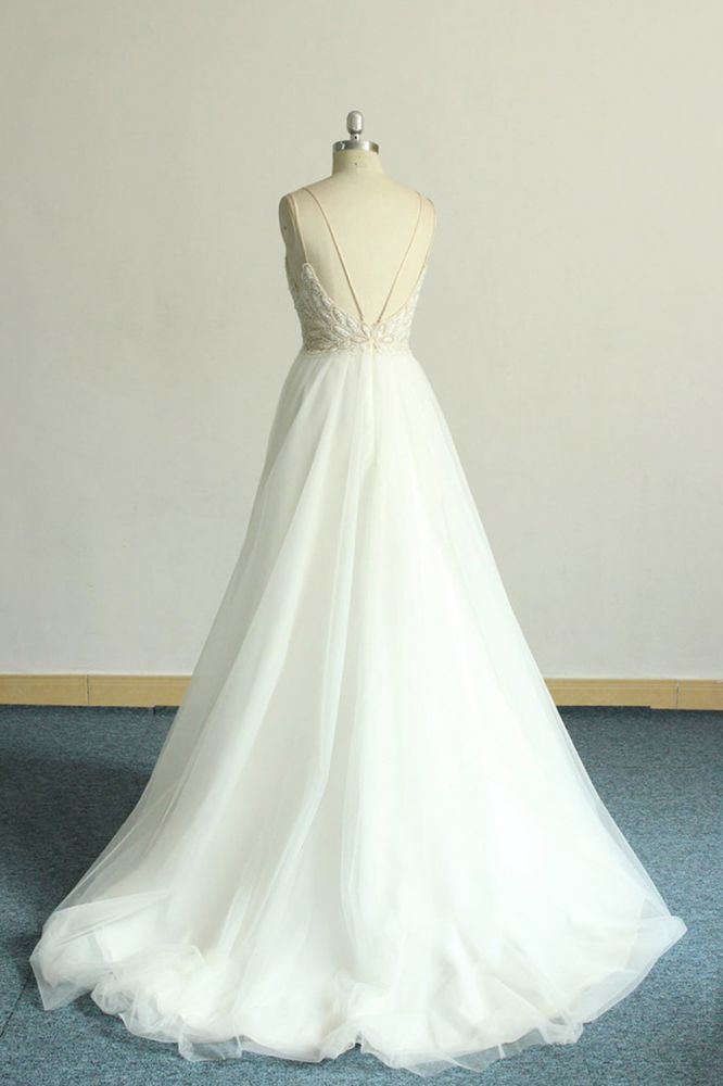 V-neck Lace White Floor length Simple Wedding Dresses