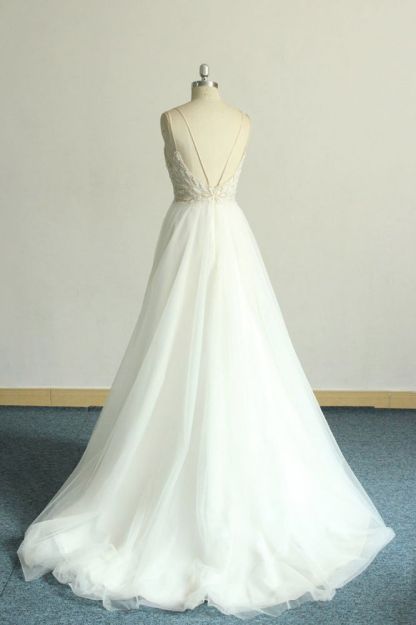 V-neck Lace White Floor length Simple Wedding Dresses