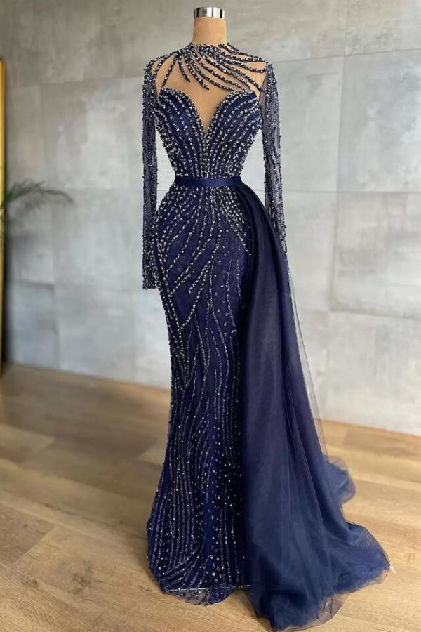 Stylish High Neck Navy Mermaid Evening Dress with Detachable Tulle Train Crystals Beads Long Prom Dress-Babyonlinewholesale