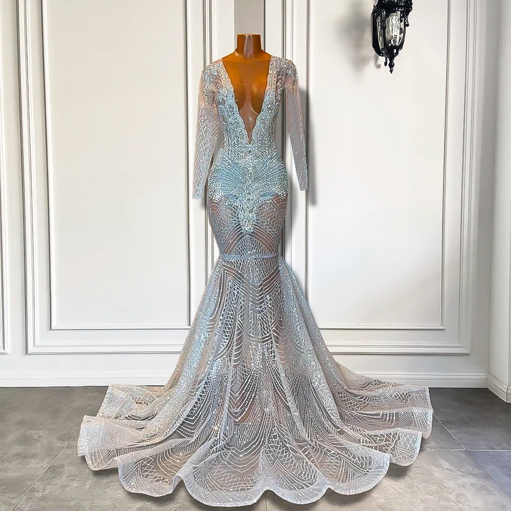 Deep V-neck Long sleeves Mermaid Sequin Prom Dresses