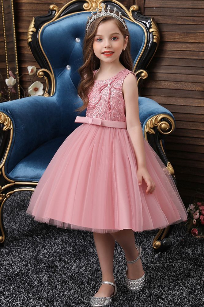 Dusty pink sleeveless knee length belt flower girl dress