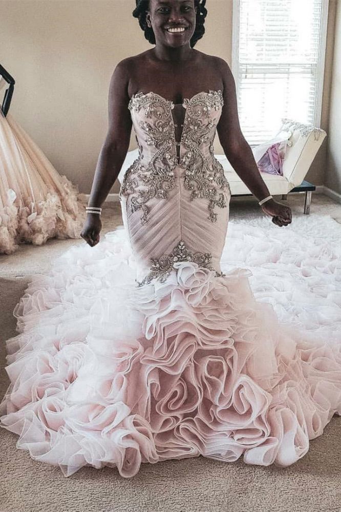 Plus Size Mermaid Crystal Lace Beads Sweetheart Long Train African Custom Made Ruffles Wedding Dresses-Babyonlinewholesale
