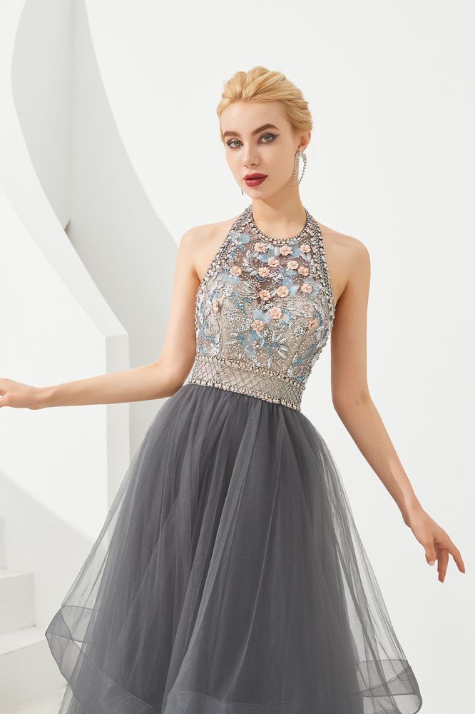 Floral Halter Evening Dress with Sparkle Beads | Trendy Gray Mother of the bride Dress with watermelon and blue decorations-Babyonlinewholesale