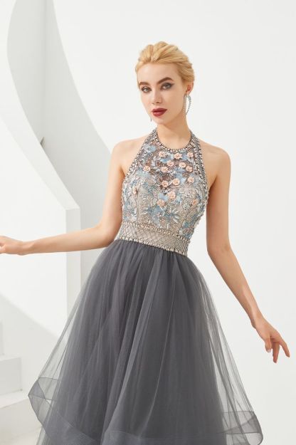 Floral Halter Evening Dress with Sparkle Beads | Trendy Gray Mother of the bride Dress with watermelon and blue decorations-Babyonlinewholesale