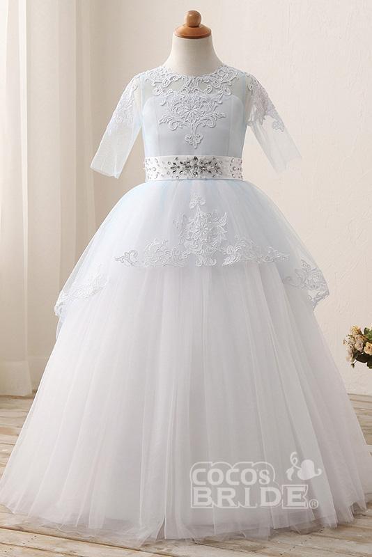Half Sleeves Princess Tulle Pegant Dress for Kids with White Lace Appliques