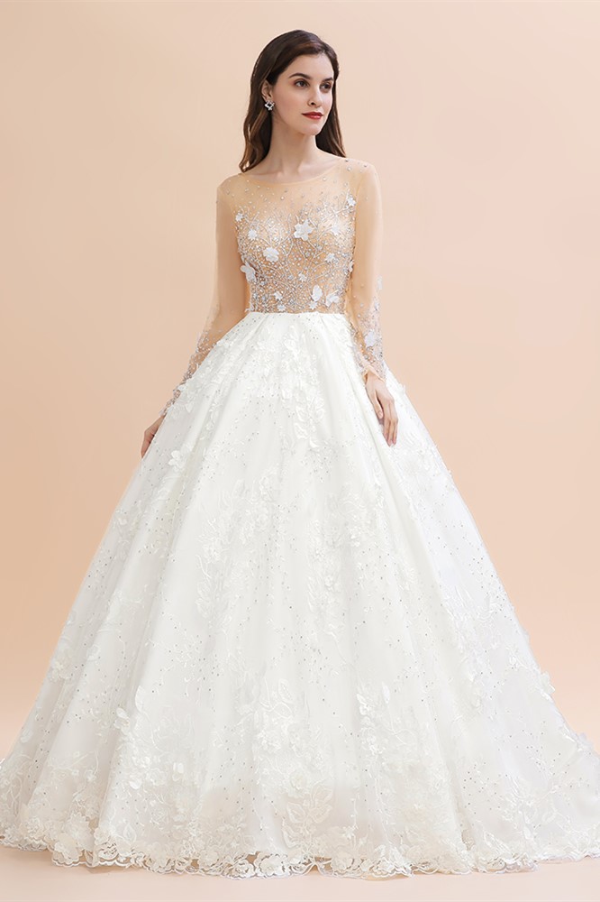 Charming Floral Lace Appliques Wedding Dress Gorgeous White Beads Bridal Gown