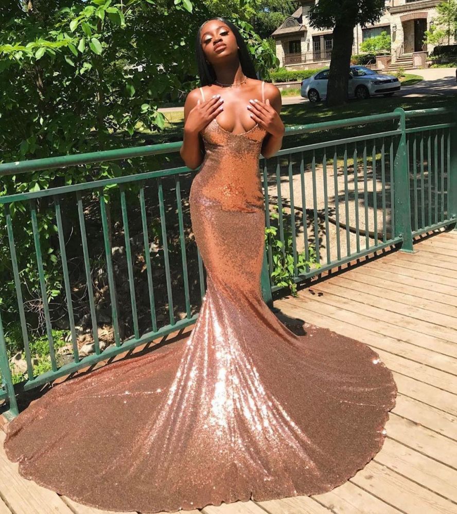Sexy Spaghetti Sequins Mermaid Prom Dress Sparkly V-Neck evening Wear