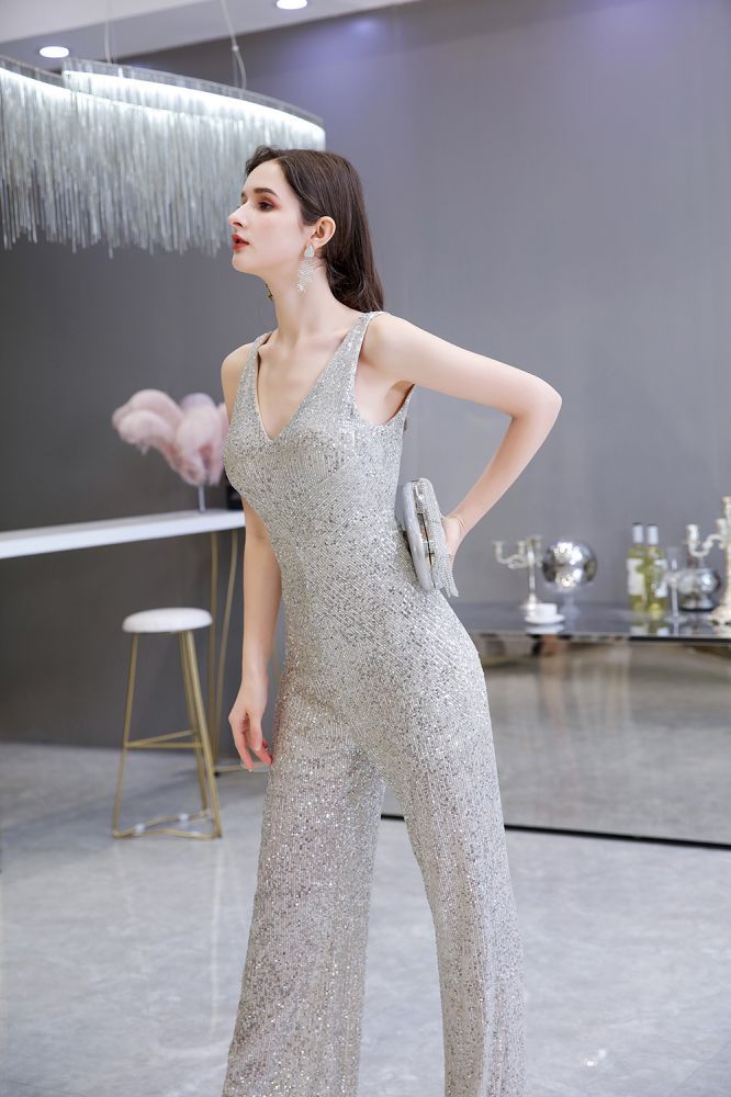 Sexy Shining V-neck Silver Sequin Sleeveless Prom Jumpsuit
