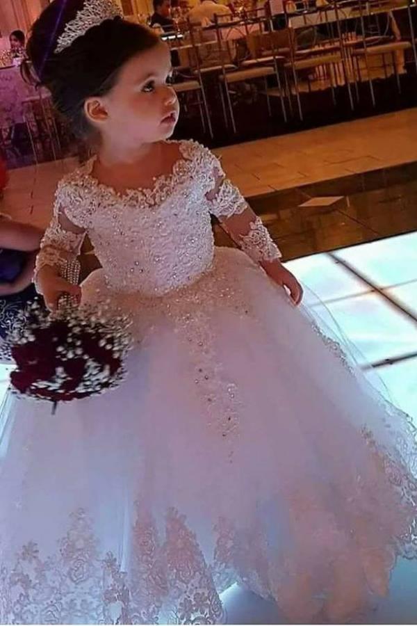 Cute Litter Girl Dress for Wedding White Long Sleeves Beadings Tulle Lace Appliques
