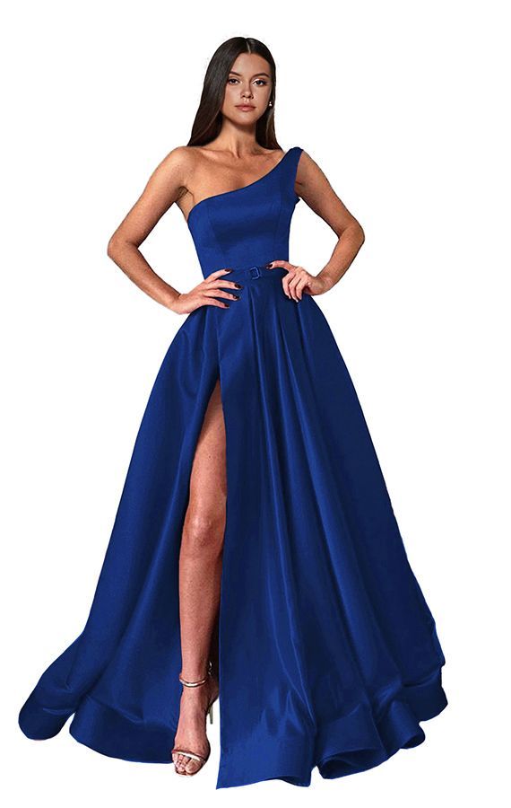One shoulder Burgundy High Split A-line Ball Gown Prom Dresses