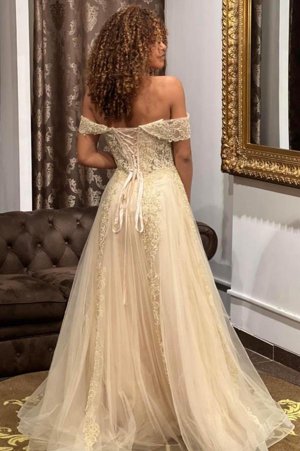 Stylish Off-the-Shoulder Tulle Long Evening Dress Floral Lace Appliques Formal Dress
