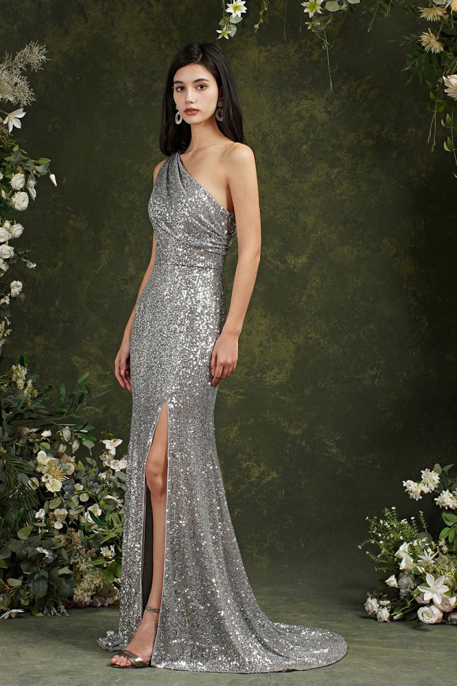 Silver One Shoulder Sleeveless Meramid Long Prom Dress
