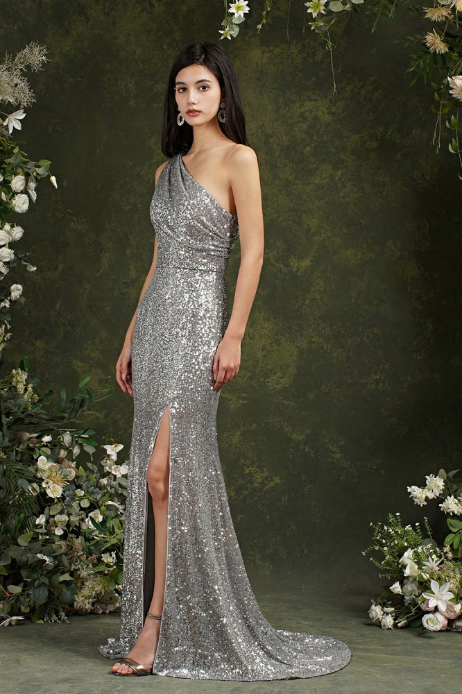 Silver One Shoulder Sleeveless Meramid Long Prom Dress