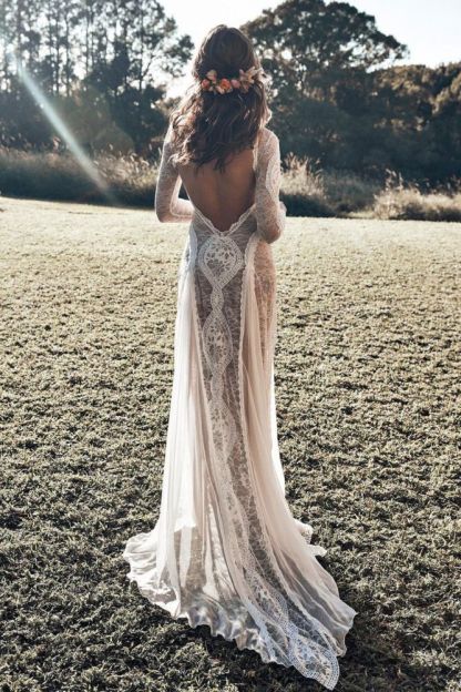 Elegant Boho Long Sleeves Backless Lace Beach Wedding Dress | Simple Summer Casual Bridal Gowns Online-Babyonlinewholesale
