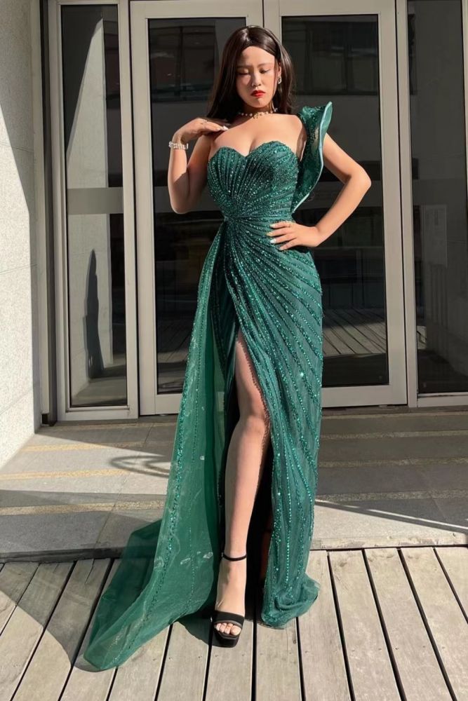 Dark Green Satin Sweetheart Strapls A-line Prom Dresses