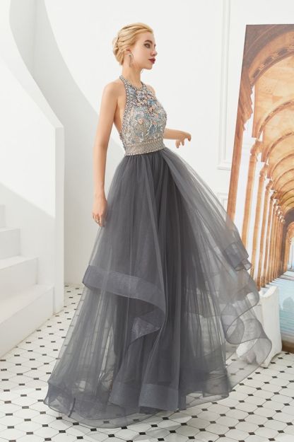 Floral Halter Evening Dress with Sparkle Beads | Trendy Gray Mother of the bride Dress with watermelon and blue decorations-Babyonlinewholesale
