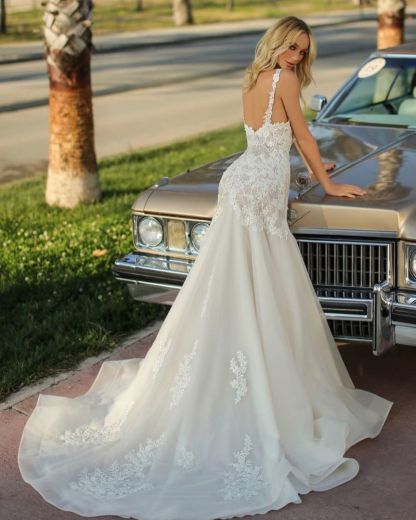 Tulle Lace Wedding Gown Floral Appliques Mermaid Style Maxi Dress for Bride