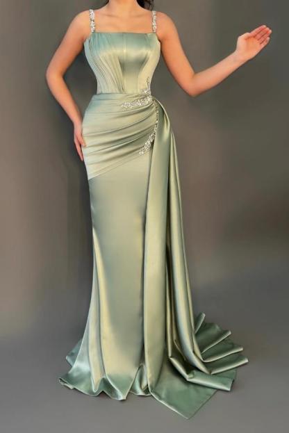 Stunning Square Neck Ruched Satin Mermaid Prom Dress with Side Sweep Train Sleeveless