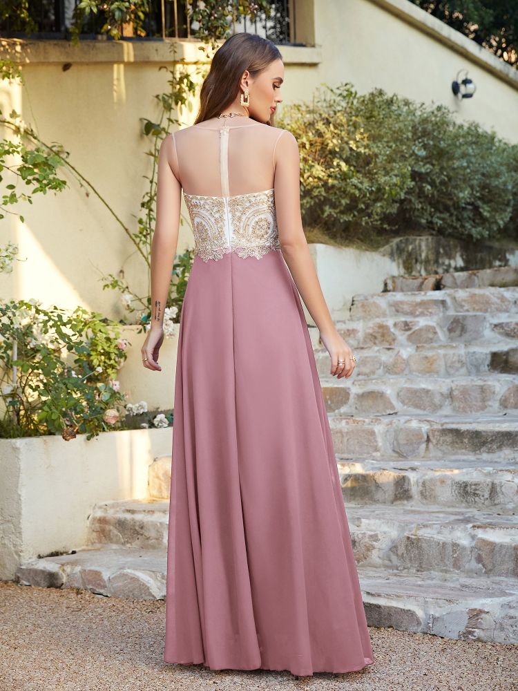 Sleeveless Lace Appliques Long Prom Dresses Chiffon Evening Party Gown