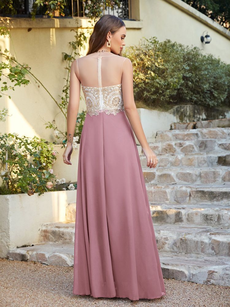 Sleeveless Lace Appliques Long Prom Dresses Chiffon Evening Party Gown