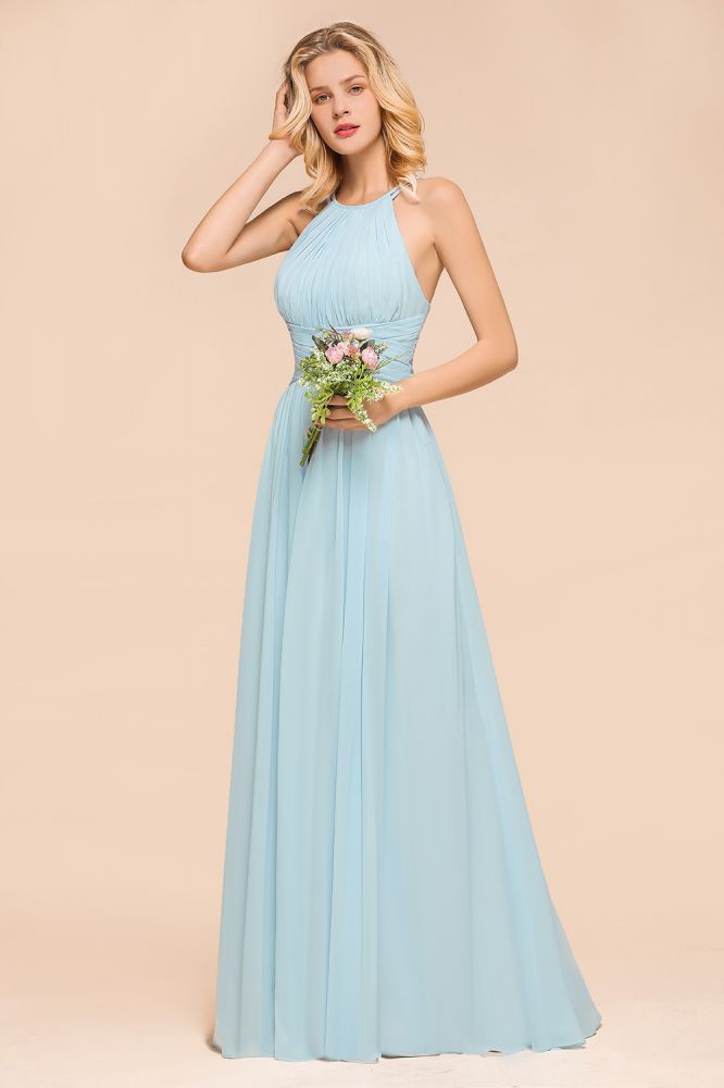 Halter Ruffle Chiffon Long Bridesmaid Dress Sleeveless Formal Dress