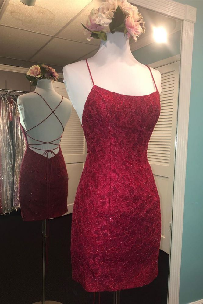 Bodycon Spaghetti Straps Sleeveless Homecoming Dress | Lace Short Mini Tight Cocktail Dress
