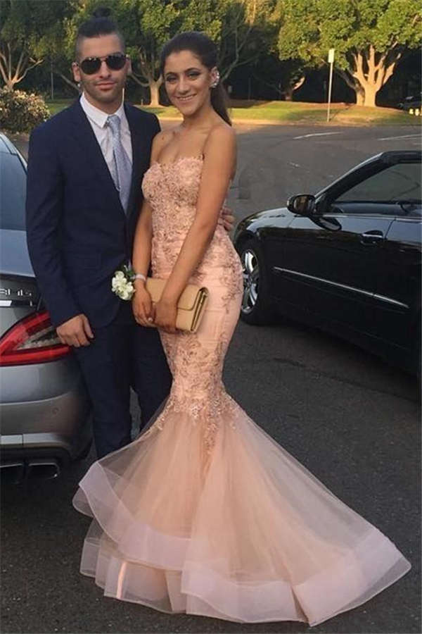 Strapless Mermaid Lace Appliques Ruffled Tulle Pink Prom Dresses