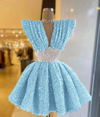 V Neck Sleeveless A Line Short Prom Dress With Pleated Sequins