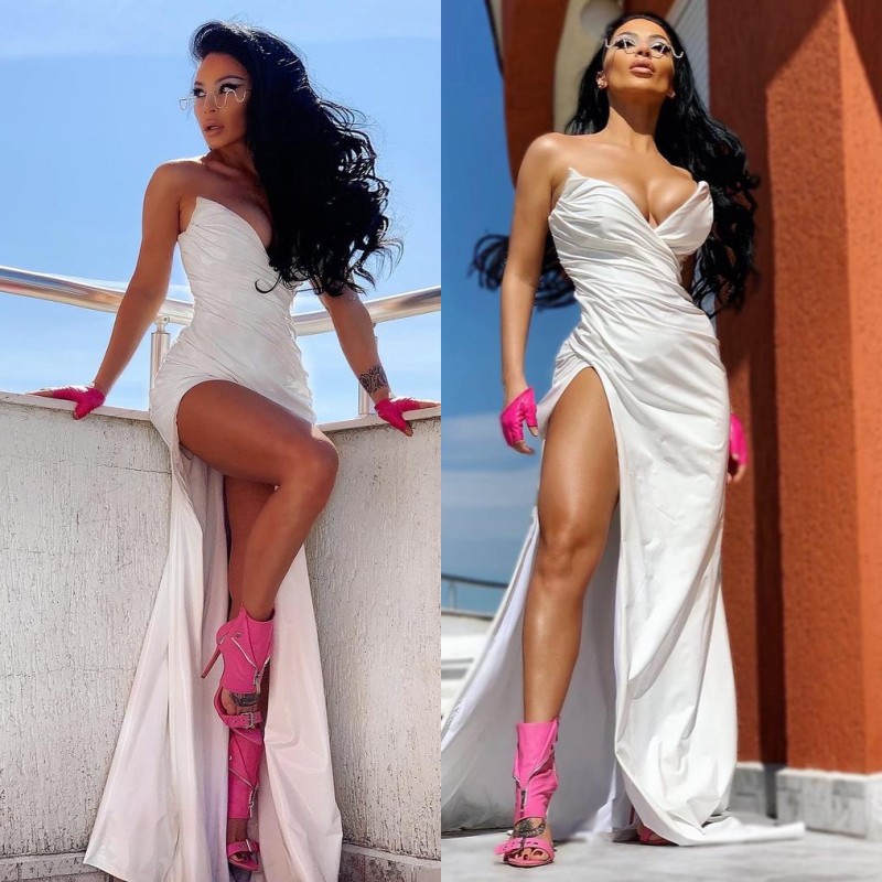 Sweetheart White Straps High split Floor length Prom Dresses